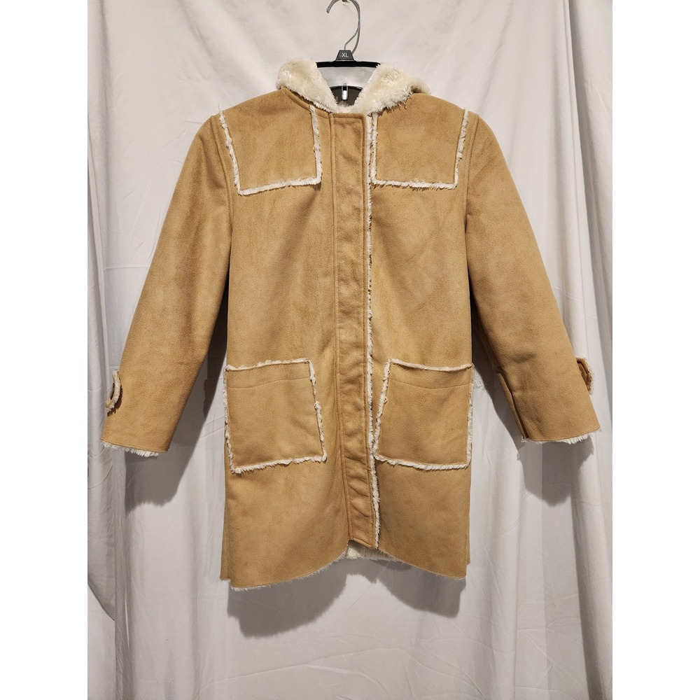 Y2K Gap Tan Faux Suede Hooded Coat Faux Fur Lined Tan Brown Medium 7-8